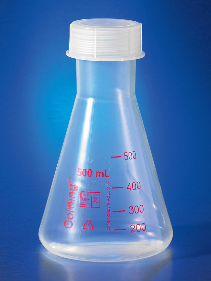 Corning® 250 mL Reusable Plastic Narrow Mouth Erlenmeyer Flask, Polymethylpentene with GL-52 PP Screw Cap | COR1-4990P-250