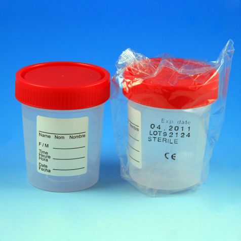 Specimen container, 4oz, PP MG, red screwcap, label, STR, 1/pk | GLO1-5912