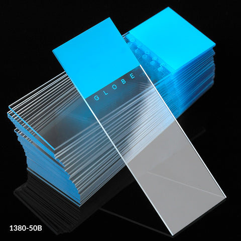 White glass slide, blue frost, ground edge, 90°corner,72/bx | GLO1-1380-50B