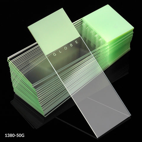 White glass slide, green frost, ground edge, 90°corner,72/bx | GLO1-1380-50G