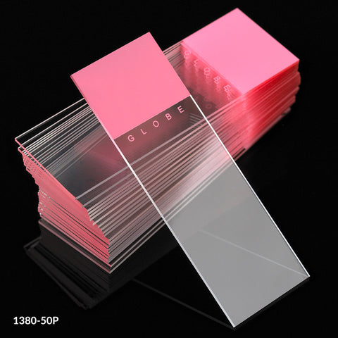 White glass slide, pink frost, ground edge, 90°corner,72/bx | GLO1-1380-50P