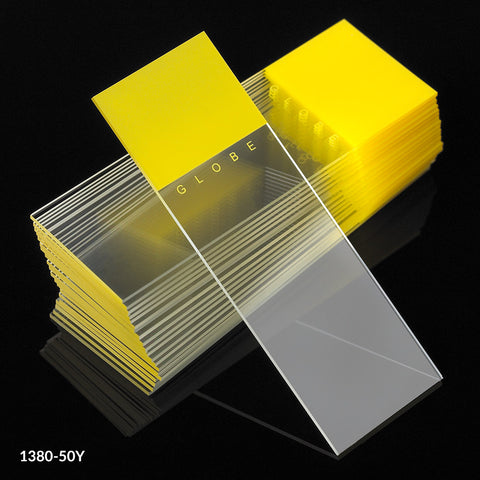 White glass slide,yellow frost, ground edge, 90°corner,72/bx | GLO1-1380-50Y