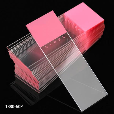 White glass slide, pink frost, ground edge, 90°corner,72/bx | GLO1-1380-50P