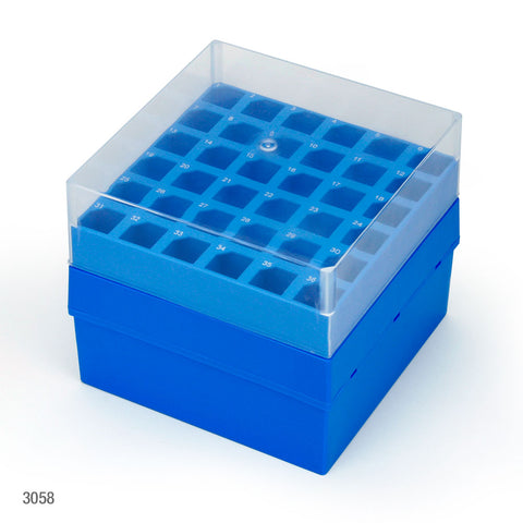 Storage box with lid for 15mL centrifuge tubes,, 36 place (6x6), blue base and clear lid | GLO1-3058