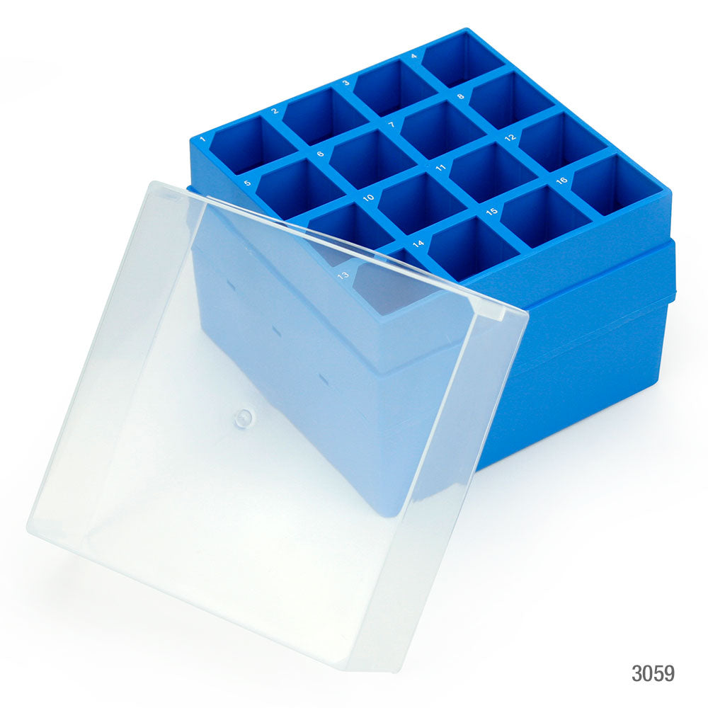 Storage box with lid for 50mL centrifuge tubes,, 16 place (4x4), blue base and clear lid | GLO1-3059