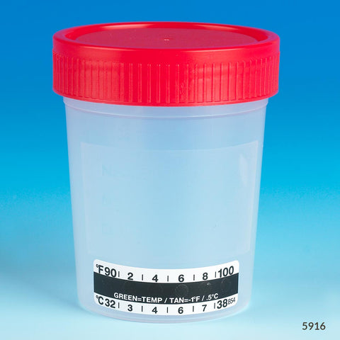 Specimen container, 4oz, PP MG, red screwcap, temp.strip, NS | GLO1-5916