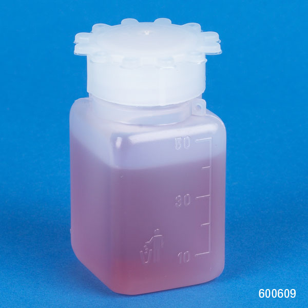 Bottle, 50mL,wide mouth,square, PE, PP screw cap, graduated CS/400 | GLO1-600609B