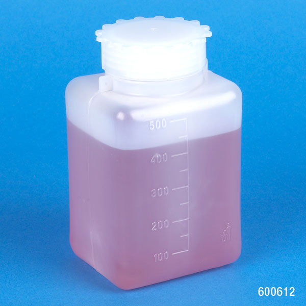 Bottle,500mL,wide mouth,square, PE, PP screw cap, graduated CS/150 | GLO1-600612B