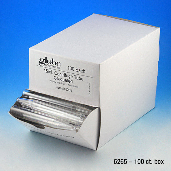 Centrifuge tube, 15mL, PS, MG, no cap, 100/dispenser box | GLO1-6265-100