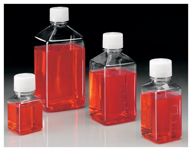 Media Bottle, Graduated, Square - PET w/HDPE Closure - Shrink Wrap Module - STERILE 125 mL (38-430) | Nalgene 342040-0125