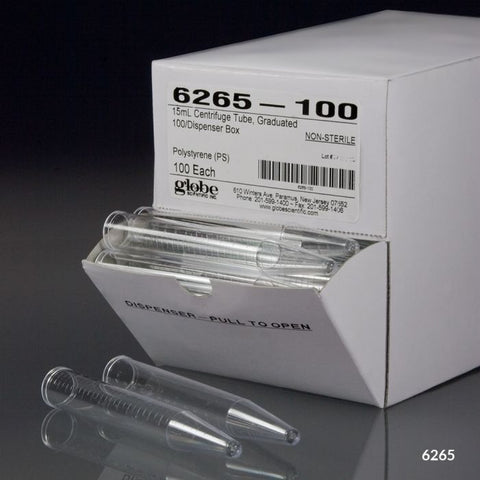 Centrifuge tube, 15mL, PS, MG, no cap, 50/rack | GLO1-6265A